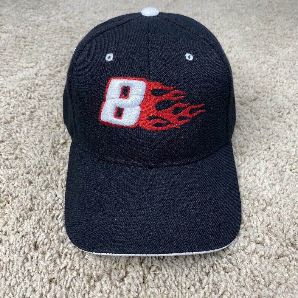 Dale Earnhardt Jr NASCAR Hat #8 Adjustable Strapback Black Red Flames Cap